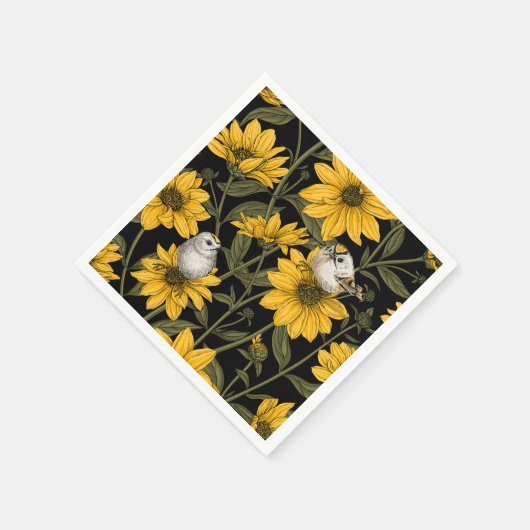 Wilde zonnebloemen en goudkam vogels / geel servet (Hoek)