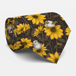 Wilde zonnebloemen en goudkam vogels / geel stropdas