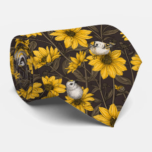 Wilde zonnebloemen en goudkam vogels / geel stropdas
