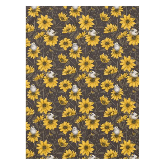 Wilde zonnebloemen en goudkam vogels / geel tafelkleed (Voorkant)