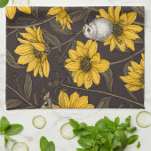 Wilde zonnebloemen en goudkam vogels / geel theedoek (Gevouwen)