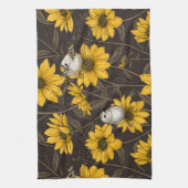 Wilde zonnebloemen en goudkam vogels / geel theedoek (Verticaal)