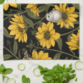 Wilde zonnebloemen en goudkam vogels / geel theedoek (Gevouwen)