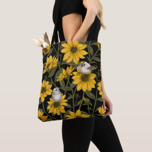 Wilde zonnebloemen en goudkam vogels / geel tote bag