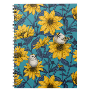 Wilde zonnebloemen en goudkuifvogels/geel notitieboek