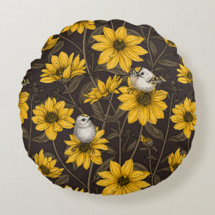 Wilde zonnebloemen en goudkuifvogels/geel rond kussen