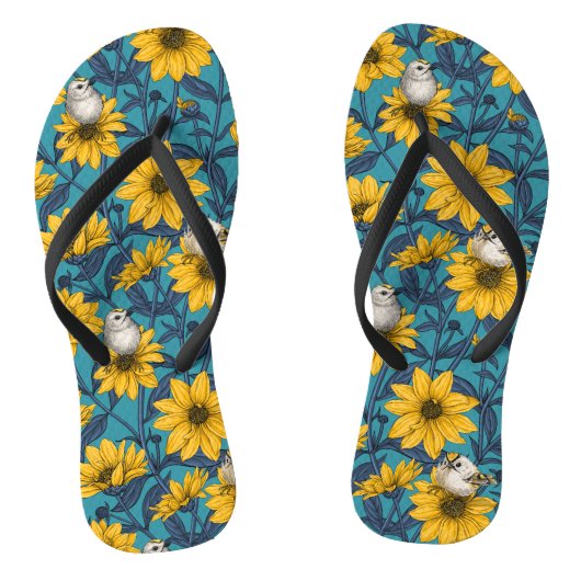 Wilde zonnebloemen en goudkuifvogels/geel teenslippers (Voetbed)