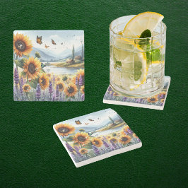 Wilde zonnebloemen en lavendel stenen onderzetter