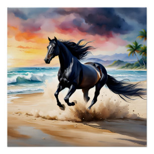 Wilde zwarte hengst galopperend perfect poster