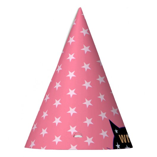 Wilde zwarte kat en roze sterren feesthoedjes (Links)