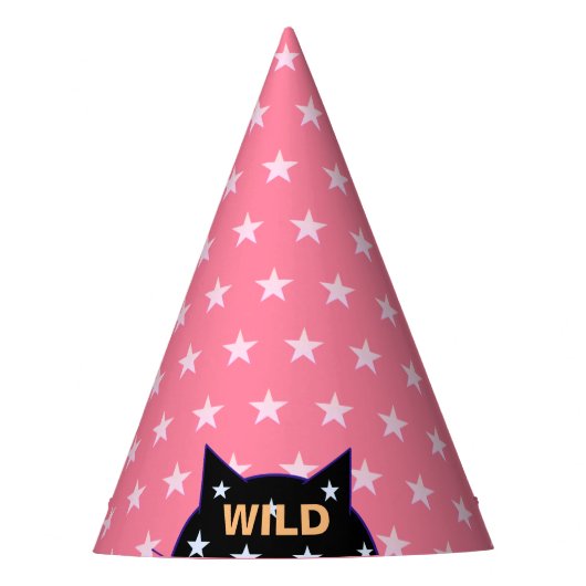 Wilde Zwarte Kat & Roze Sterren Feesthoedjes (Voorkant)