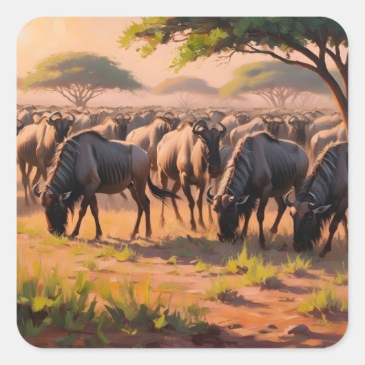 Wildebeest in savanne vierkante sticker (Voorkant)
