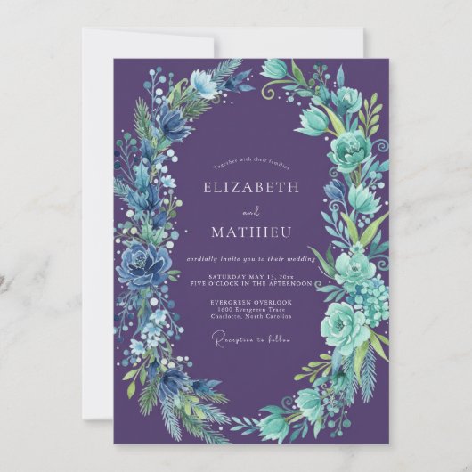 Wildebloem Amethyst Cyaan Bladerige Bruiloft Kaart (Voorkant)