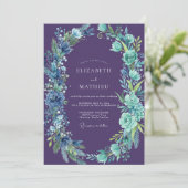 Wildebloem Amethyst Cyaan Bladerige Bruiloft Kaart (Staand voorkant)
