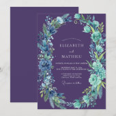 Wildebloem Amethyst Cyaan Bladerige Bruiloft Kaart (Voorkant / Achterkant)