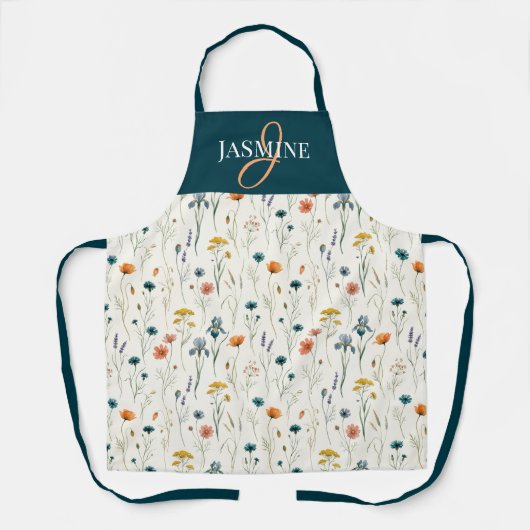 Wildebloem Monogram Groen Oranje Naam Schort (Voorkant)