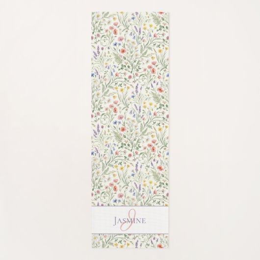 Wildebloem Monogram Naam Waterverf Lilla Wit Yogamat (Voorkant)