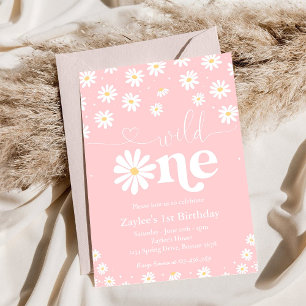 Wildebras Roze Daisy Meisje 1e Verjaardagsuitnodig Kaart