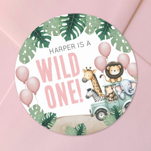 Wildebras Roze Safari 1e Verjaardag Ronde Sticker
