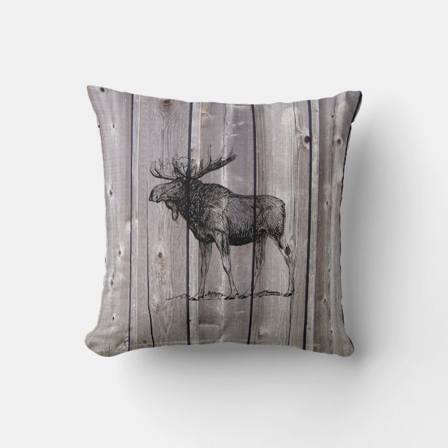 Wilderheid Moose op Rustic Wood Cabin Sierkussen (Voorkant)