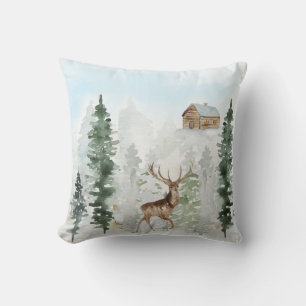 Wilderness Cabin Deer Snow Pine Trees Kussen