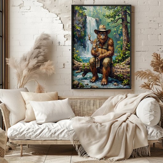 Wilderness Embrace: Sasquatch en het jonge hert Poster