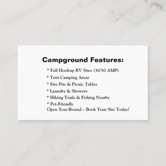 Wilderness RV Site Contact Kaart met Camper Van Visitekaartje (Achterkant)