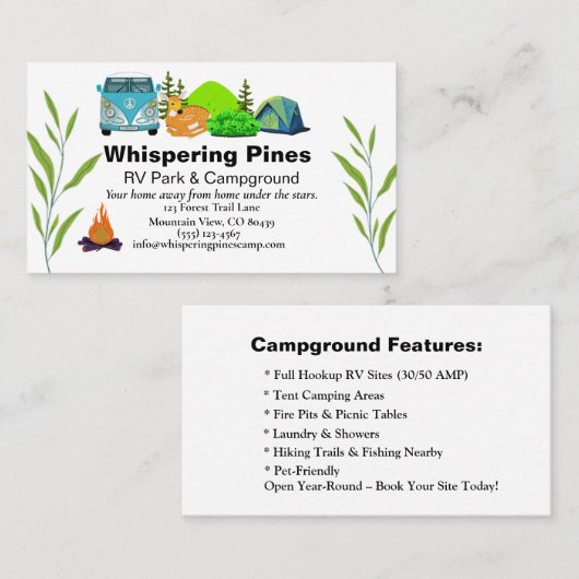 Wilderness RV Site Contact Kaart met Camper Van Visitekaartje (Voorkant / Achterkant)