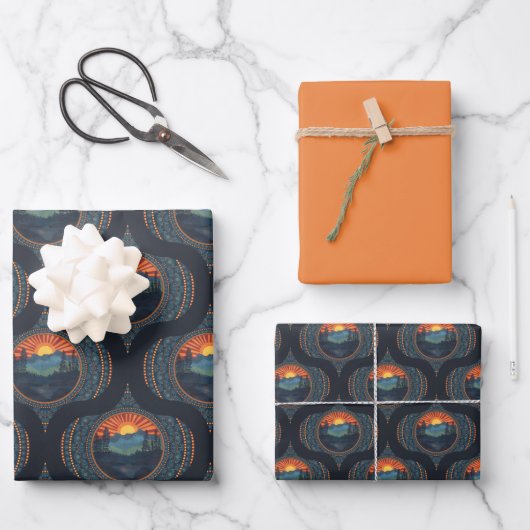 wildernis zonsondergang Mandala Mid Century Ogee Inpakpapier Vel (Voorkant)