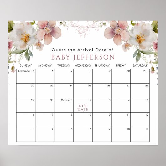 Wildfloral Baby shower Guess Due Date Kalender POS Poster (Voorkant)