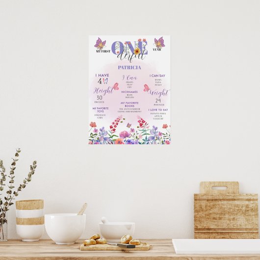 Wildflower 1e jaar 1e eerste verjaardag mijlpaal poster (Keuken)