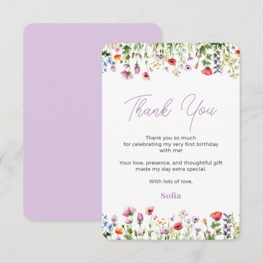 Wildflower 1e verjaardag bedankkaart (Voorkant / Achterkant)