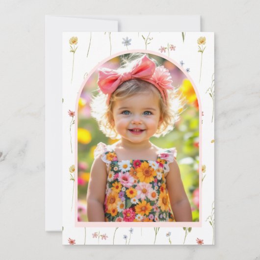 Wildflower 1e Verjaardag Foto Roze Coquette Bow Kaart (Achterkant)