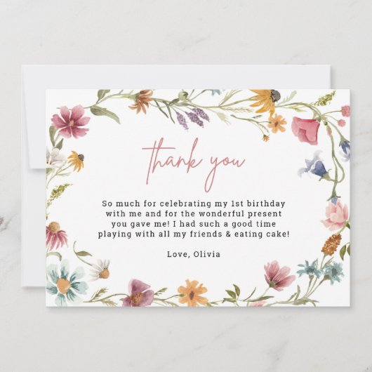 Wildflower 1e Verjaardag Printable Dank u Kaarten (Voorkant)