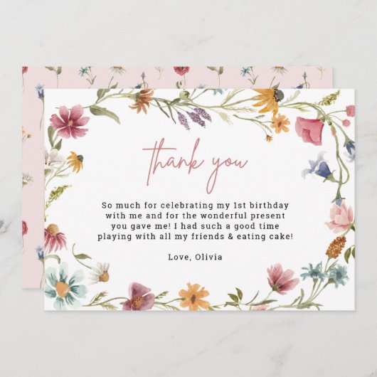 Wildflower 1e Verjaardag Printable Dank u Kaarten (Voorkant / Achterkant)