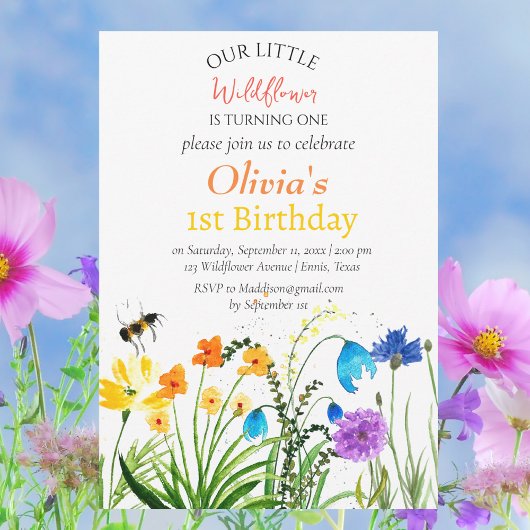 Wildflower 1e Verjaardag Rood Blauw Bloemen Kaart