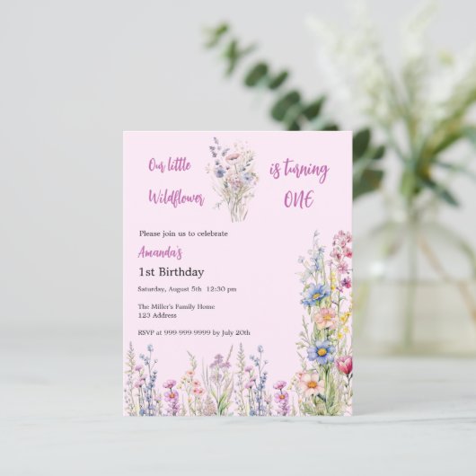 Wildflower 1e verjaardag roze meisje uitnodiging (Staand voorkant)