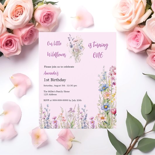 Wildflower 1e verjaardag roze meisje uitnodiging
