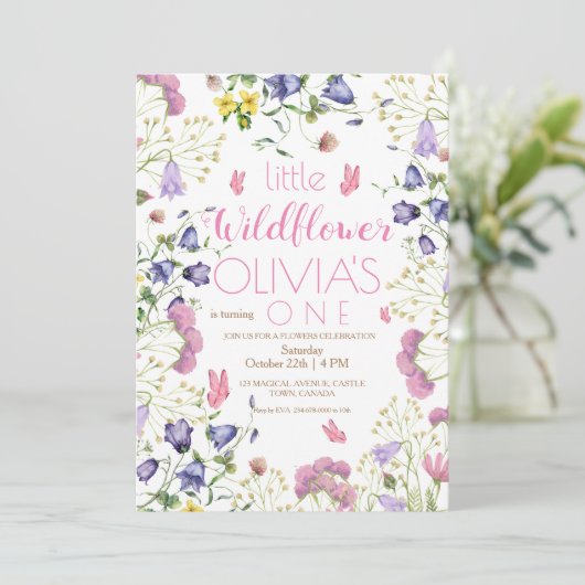 Wildflower 1e verjaardag script roze kaart (Staand voorkant)