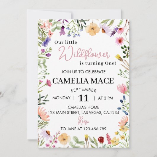 Wildflower 1e verjaardag uitnodiging (Voorkant)
