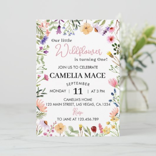 Wildflower 1e verjaardag uitnodiging (Staand voorkant)