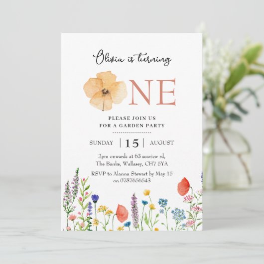 Wildflower 1e verjaardagsuitnodiging, botanische 1 kaart (Staand voorkant)