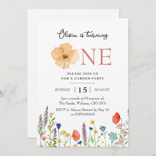 Wildflower 1e verjaardagsuitnodiging, botanische 1 kaart (Voorkant / Achterkant)
