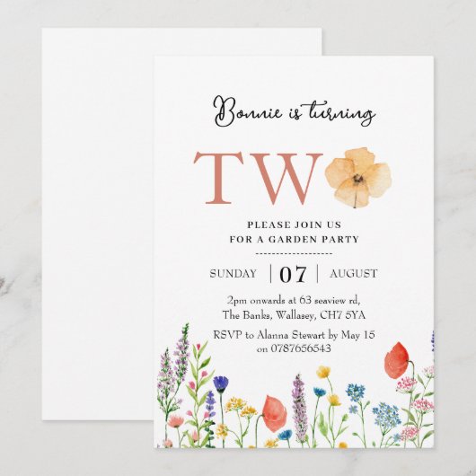 Wildflower 2e verjaardagsuitnodiging, botanische 2 kaart (Voorkant / Achterkant)