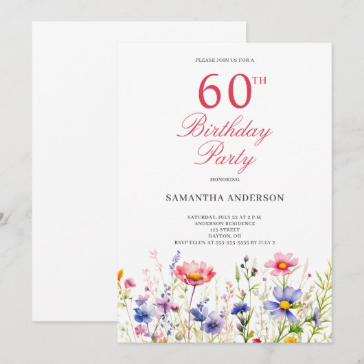 Wildflower 60ste verjaardagsfeestje kaart (Voorkant / Achterkant)