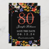 Wildflower 80ste verjaardag Save Datum Details Zwa Kaart (Voorkant / Achterkant)