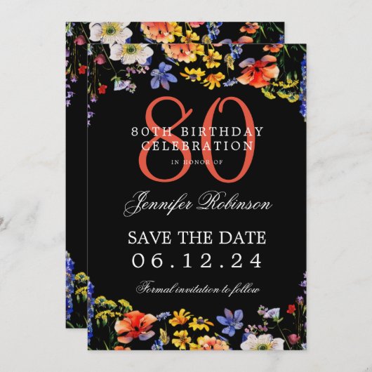 Wildflower 80ste verjaardag Save Datum Details Zwa Kaart (Voorkant / Achterkant)