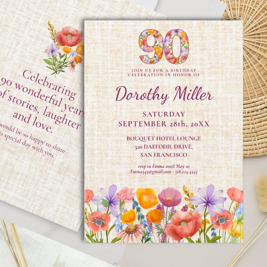 Wildflower 90th Birthday - Floral Number Party Kaart