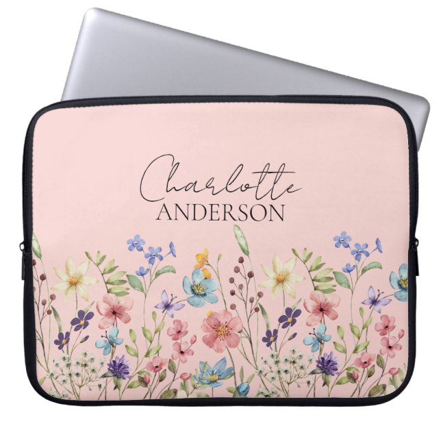Wildflower Aangepaste Naam Blush Pink Laptop Sleeve (Voorkant)