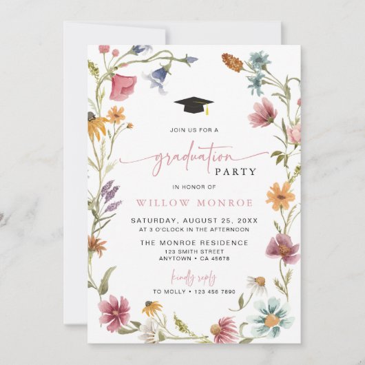 Wildflower Afstudeerfeest Uitnodiging Meisje Boho (Voorkant)